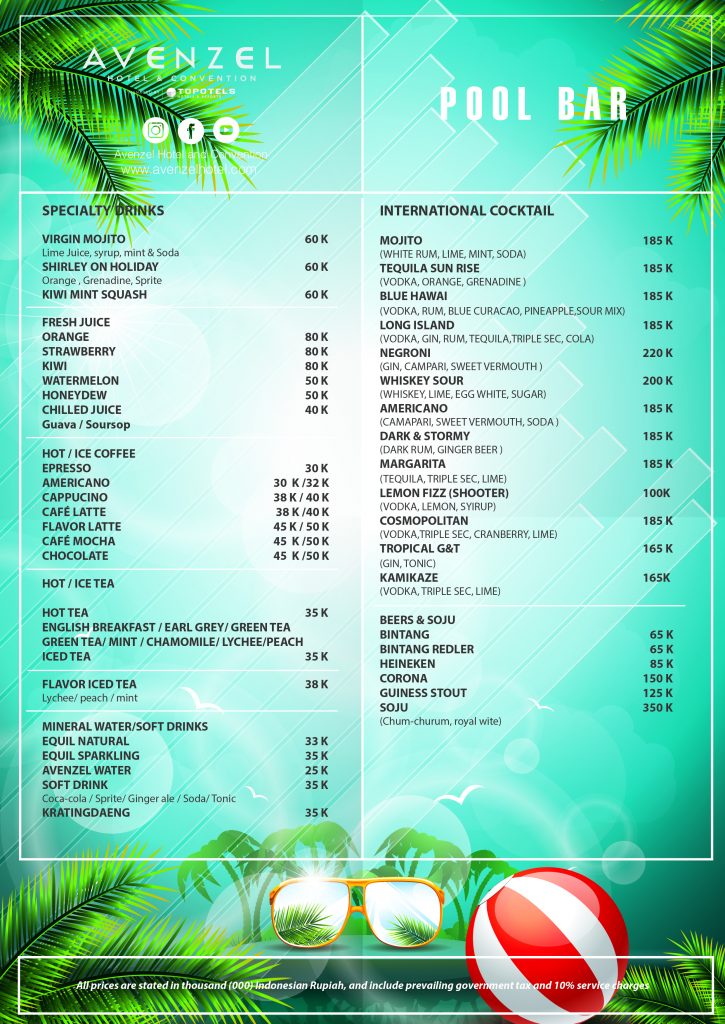 Poolbar Menu Avenzel Hotel Convention