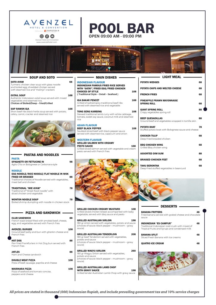 Poolbar Menu Avenzel Hotel Convention